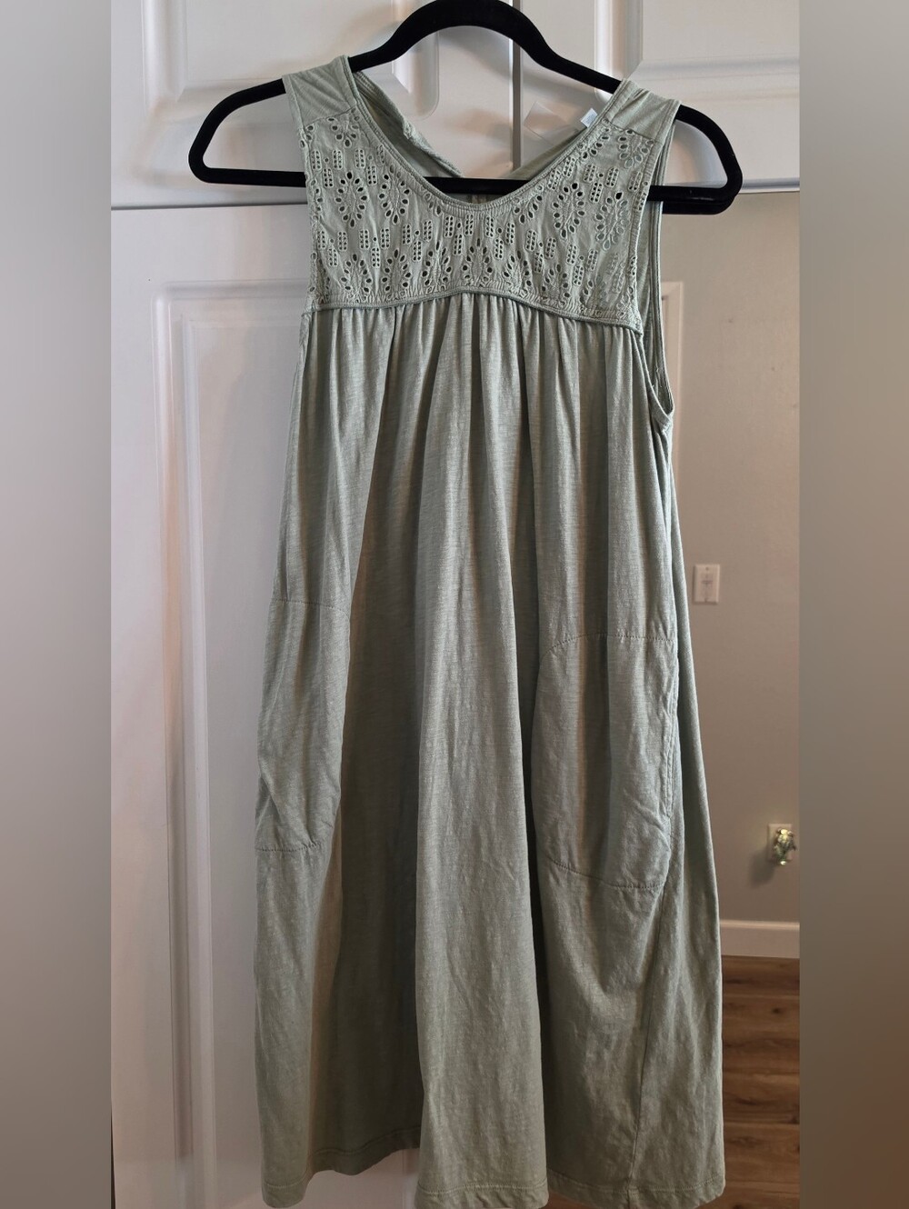 Sleeveless Sage Eyelet Yoke Midi Dress